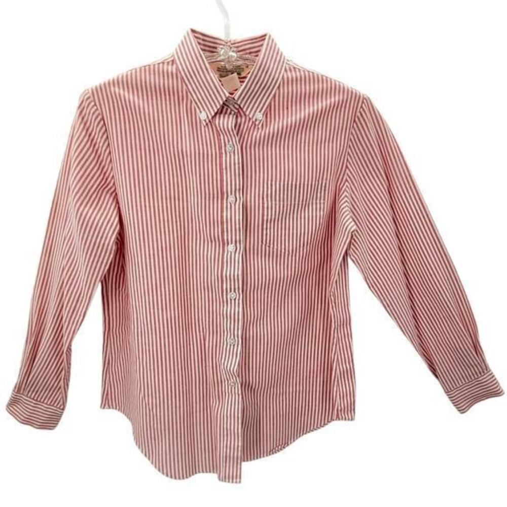 Sears Vintage 80s Red Stripe Long Sleeve Button‎ Up Academia Oxford Blouse Top